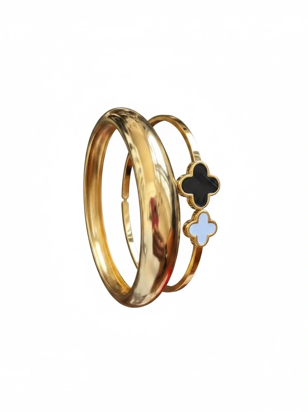 NEW Gold Stainless Steel Clover Bracelet Set | Black & White Bangle Stack